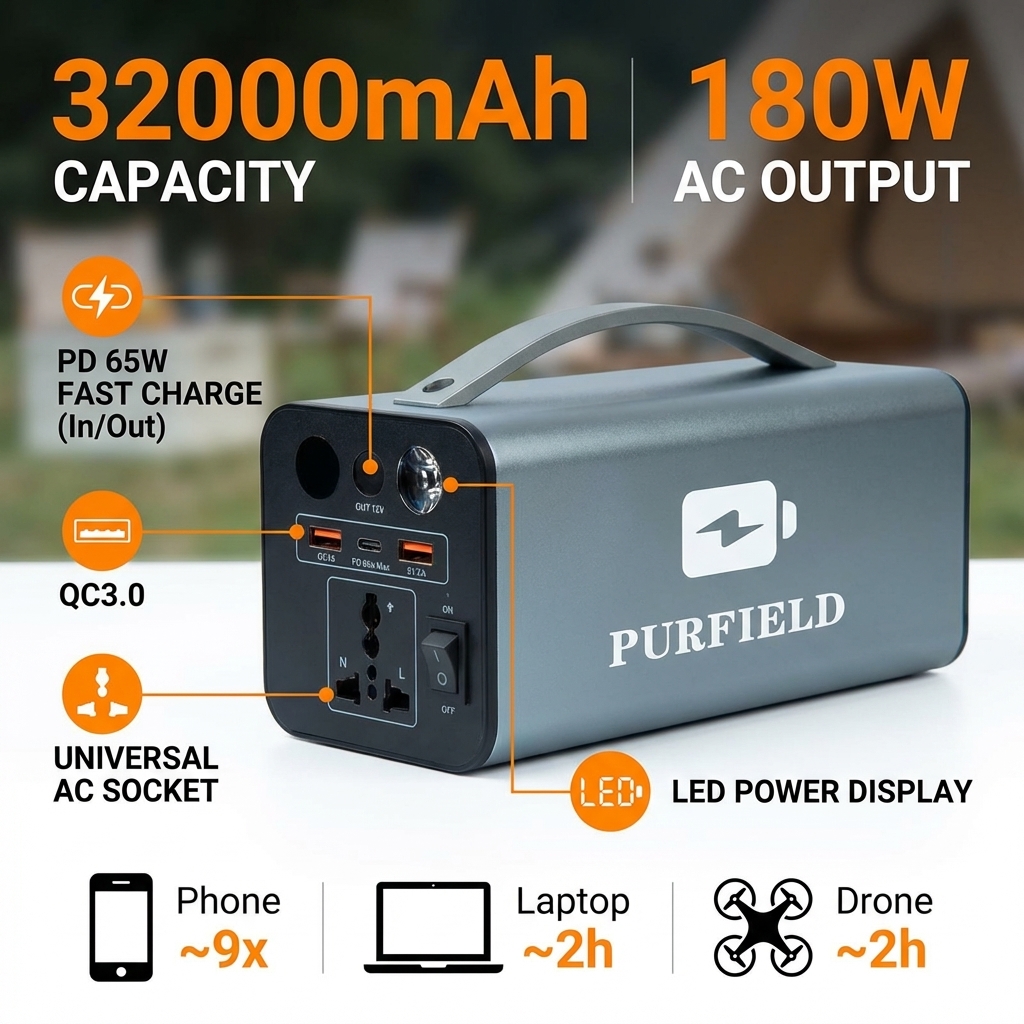 Outdoor Power Generator - 180W Outdoor Power Station 32000mAh 118.4Wh