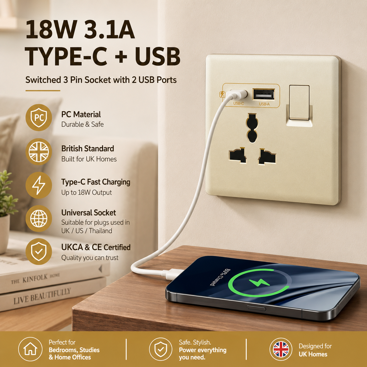 Gold UK 13A with USB C 18W 3.1 - Outdoor Usb Power Outlet review and price