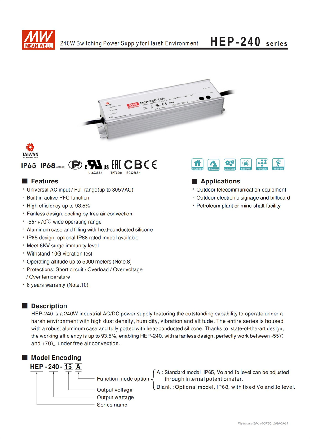 MEAN WELL HEP-240-12A, High Ef - Outdoor Power Supply 12V review and price
